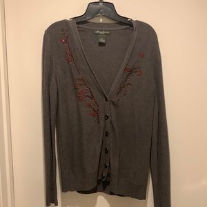 Eddie Bauer grey embroidered cardigan. Size M